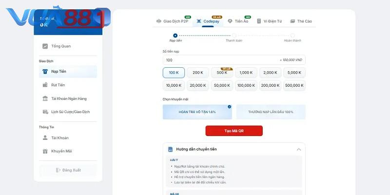 Nạp tiền vào VUA88 qua Codepay